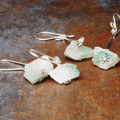 Handmade sterling silver rough green quartz earring collection
